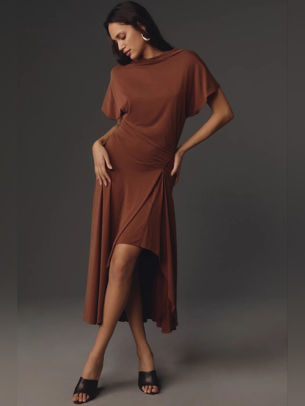 Anthropologie Brown Keyhole High Neck Asymmetric High-Low Maxi Dress S